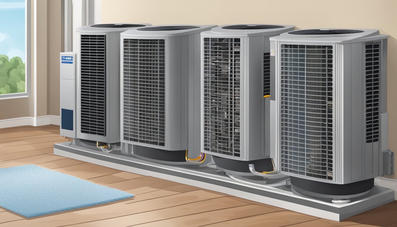 The indoor AC unit contains a fan, evaporator coil, air filter, and control panel