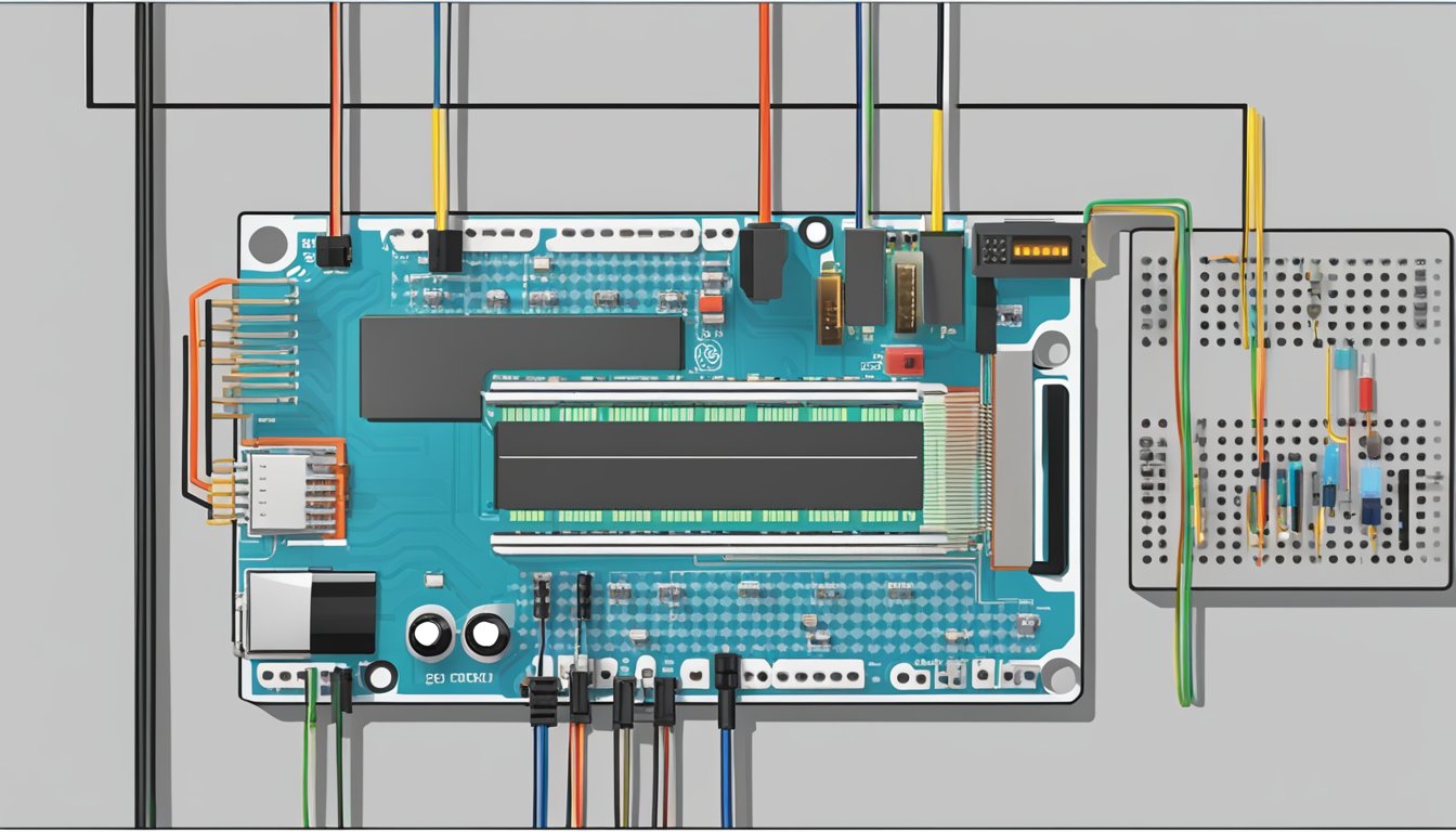 A heart rate monitor sensor is connected to an Arduino board. The sensor is placed on a flat surface, with wires connecting it to the board