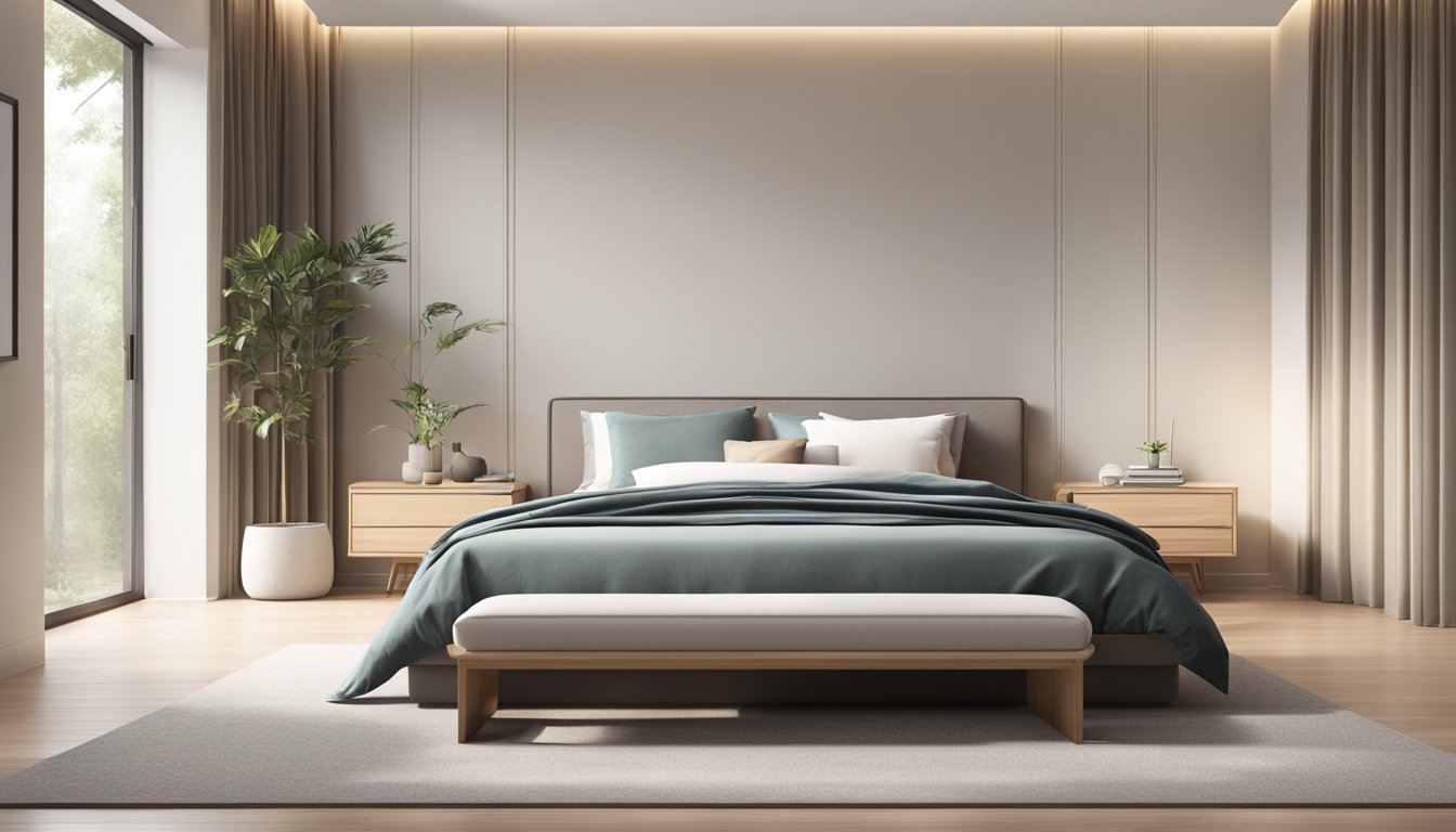 A modern bedroom with a sleek, minimalist king size bed frame in a spacious room with clean, neutral-colored walls and soft, natural lighting