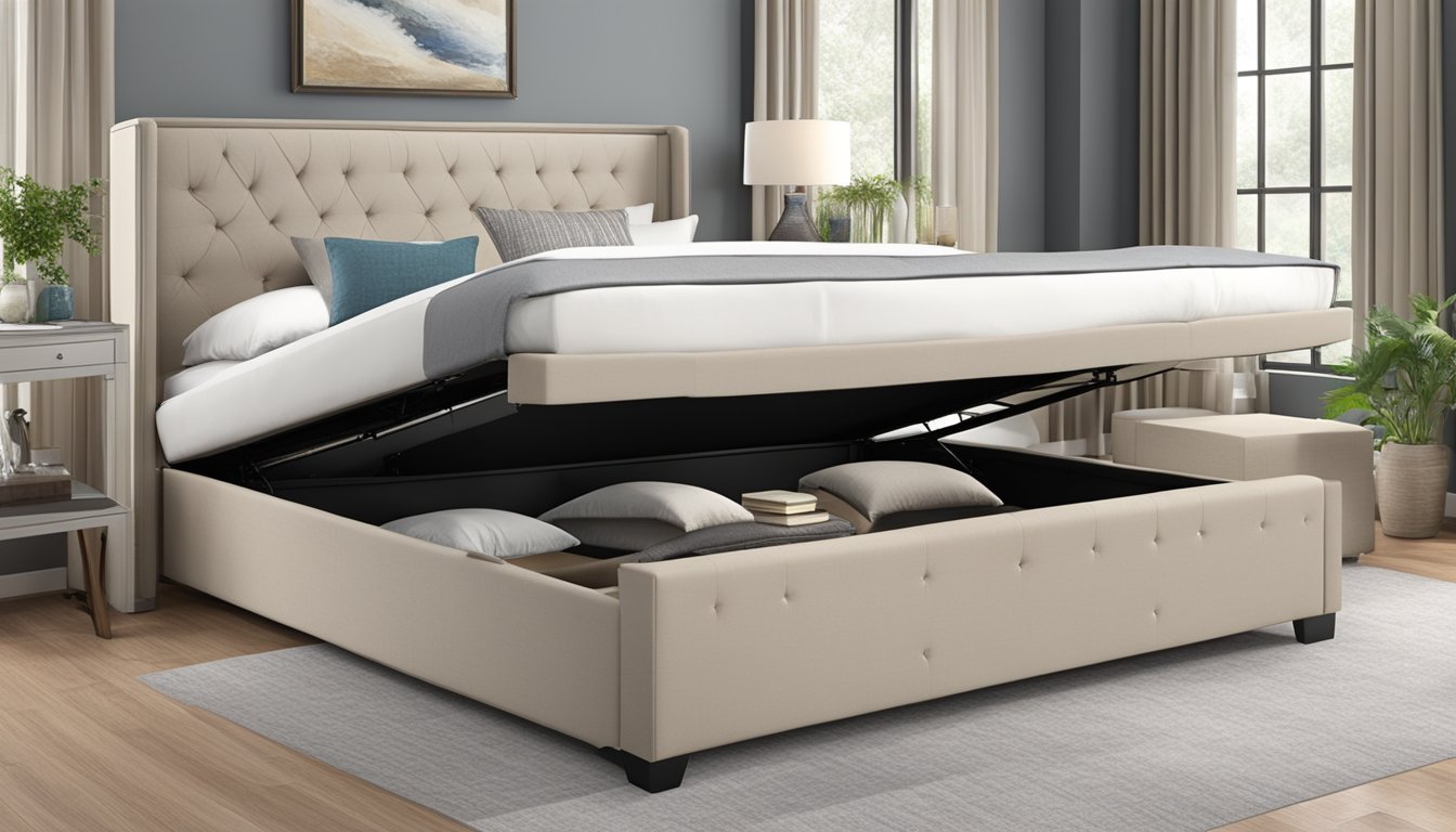 A queen size ottoman bed frame is shown with its hydraulic lift mechanism engaged, revealing ample storage space underneath. The frame is upholstered in a neutral fabric, and the headboard features a tufted design