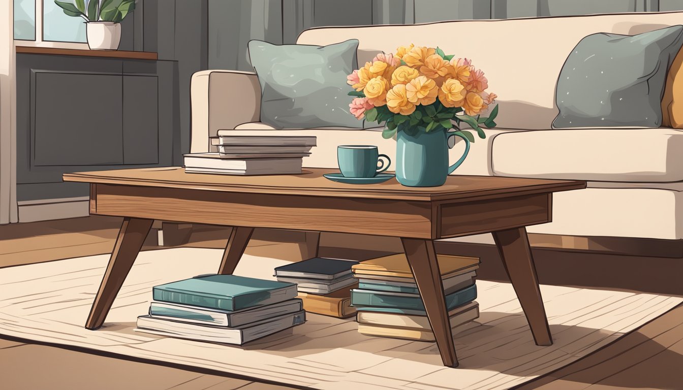 A wooden coffee table sits in a cozy living room, adorned with a vase of fresh flowers and a stack of books, with a warm cup of coffee resting on a coaster