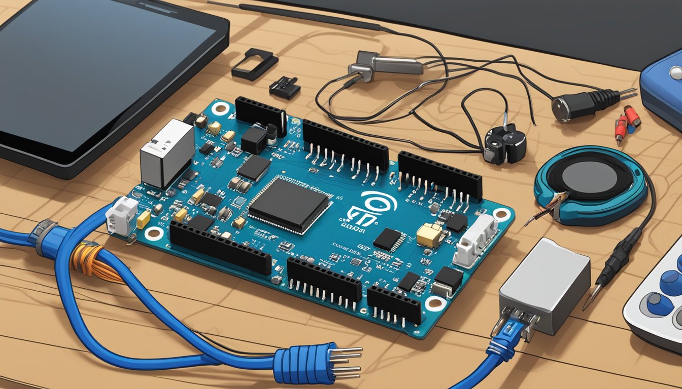 A heart rate sensor is connected to an Arduino board, with wires and components neatly arranged on a workbench