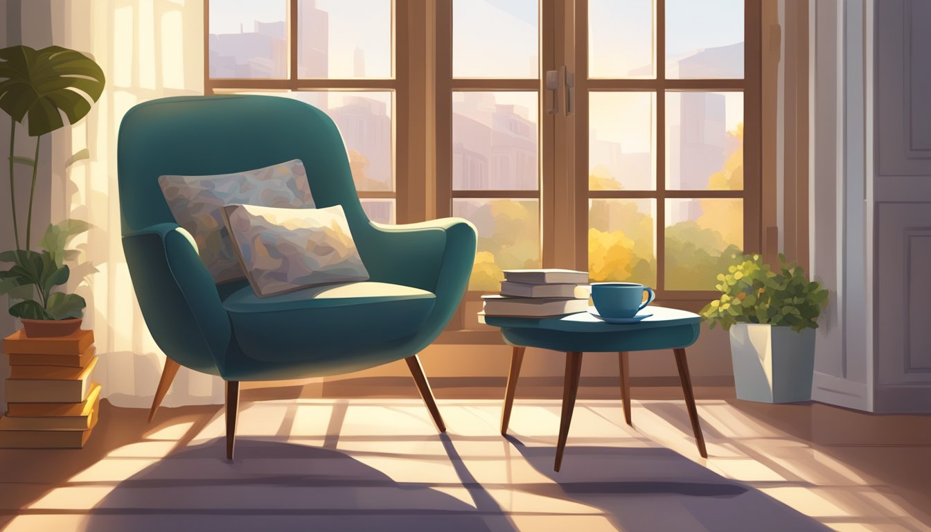 A cozy armchair sits by a window, bathed in warm sunlight. A book and a cup of tea rest on the side table