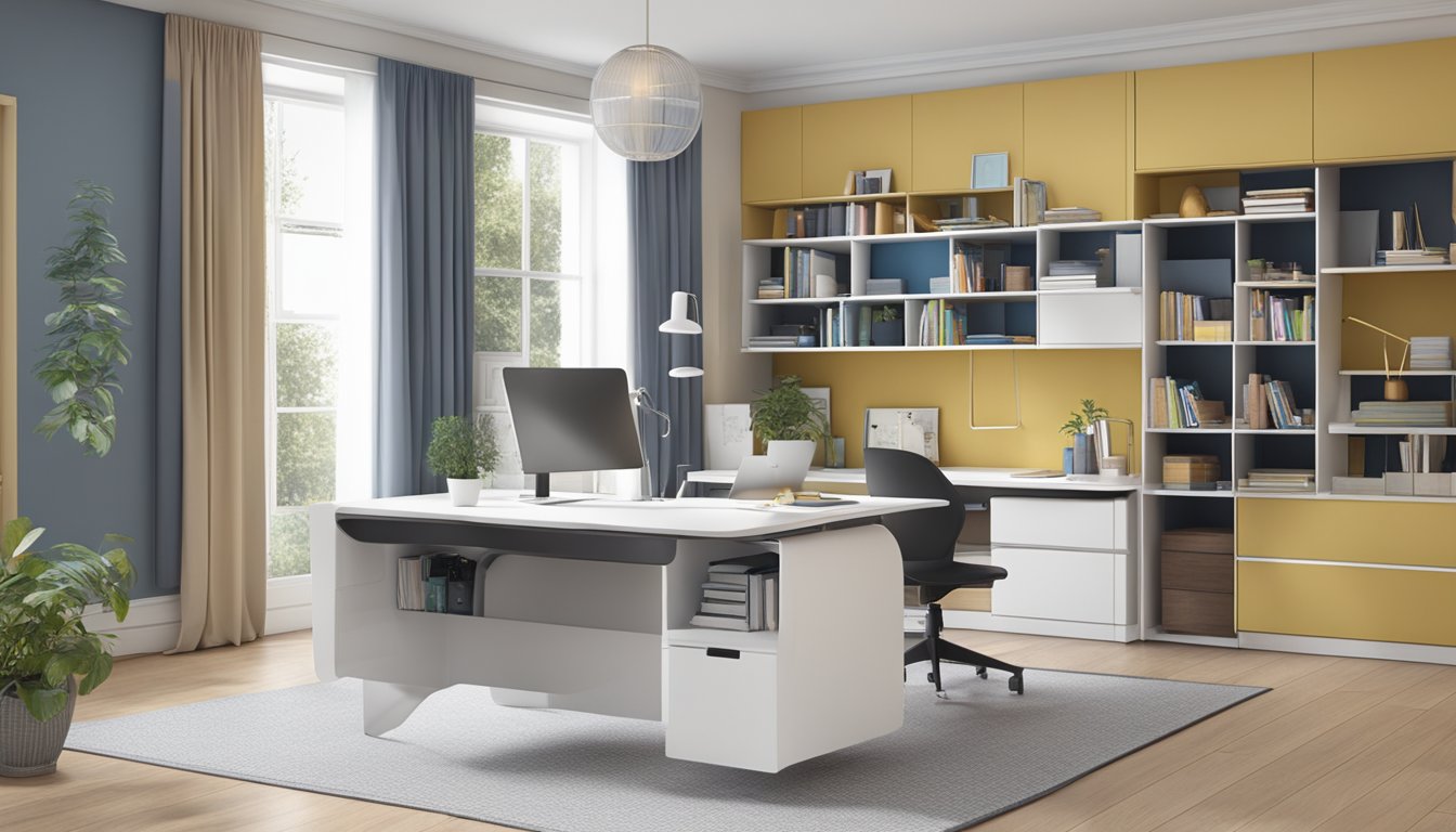 A sleek, modern study table with adjustable height and multiple storage compartments for books and stationery. The ergonomic design prioritizes comfort and functionality