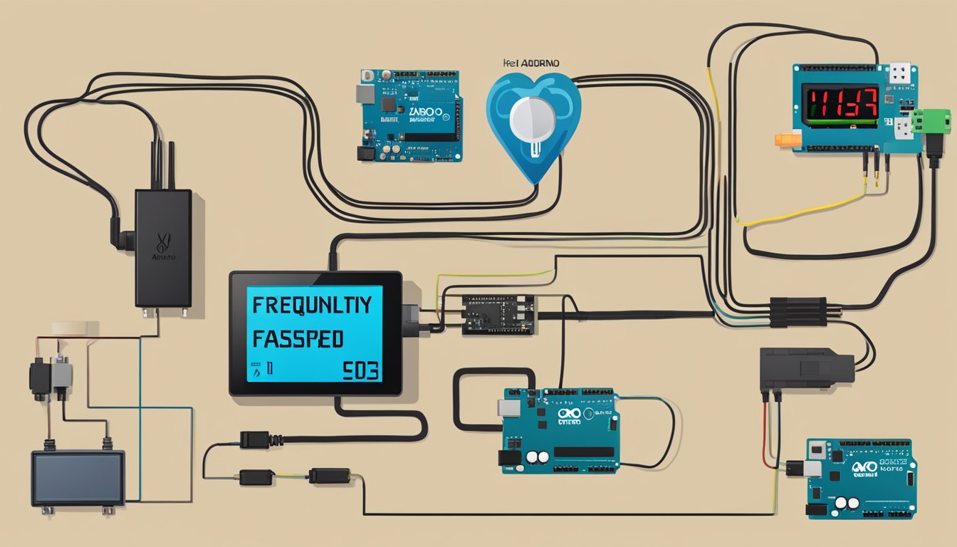 A heart rate sensor connected to an Arduino board with a display showing "Frequently Asked Questions" in bold letters