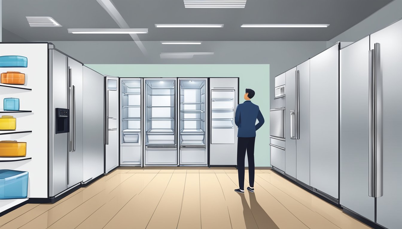 A person comparing fridge sizes and features in a showroom
