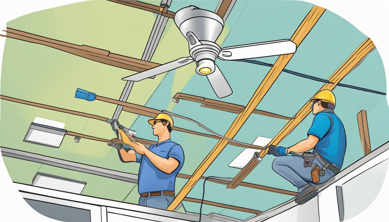 A person installs a ceiling fan on a drop ceiling using a ladder, screwdriver, and electrical wiring. They secure the fan to the ceiling grid and connect the wiring to the electrical source