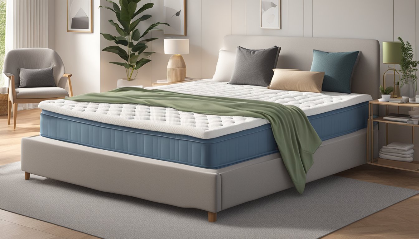 A latex mattress topper lies on a bed in a cozy bedroom setting