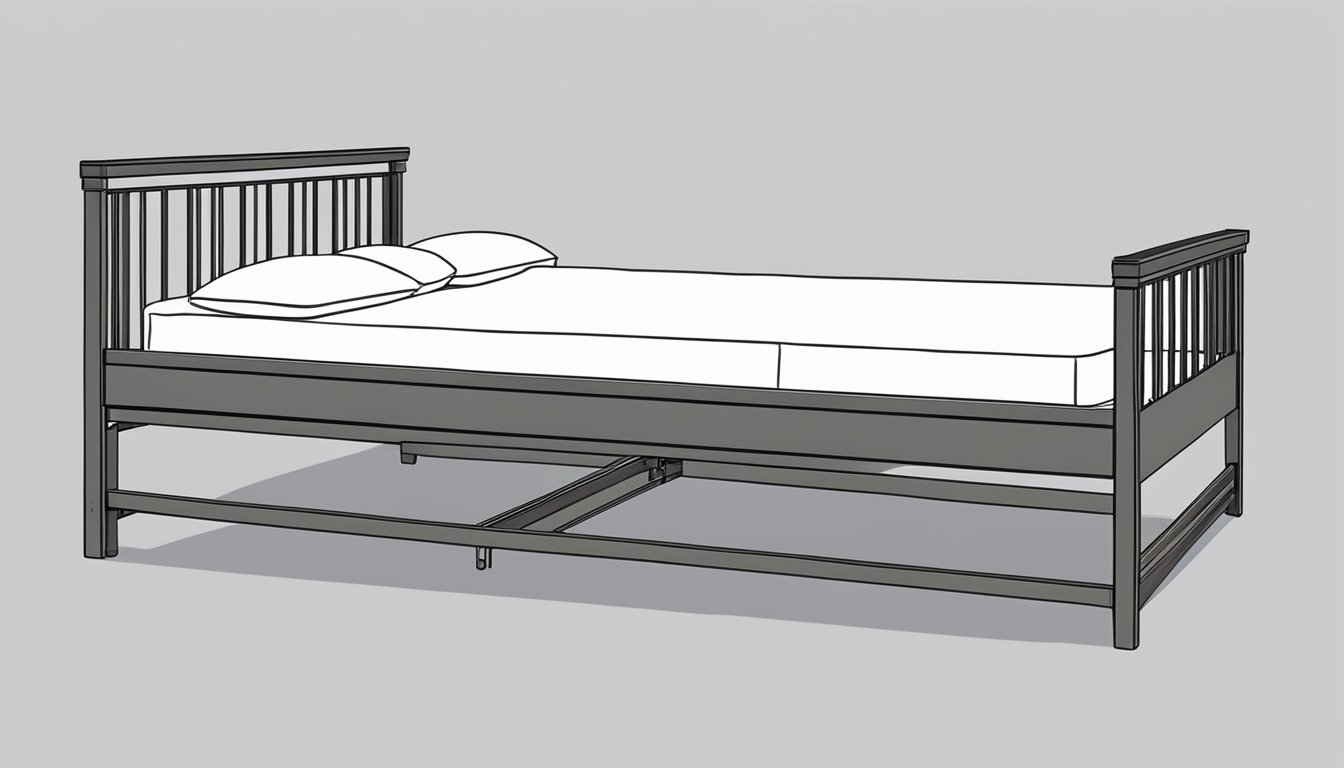 A standard twin size bed frame measuring 38 inches wide and 75 inches long with a height of 14 inches from the floor