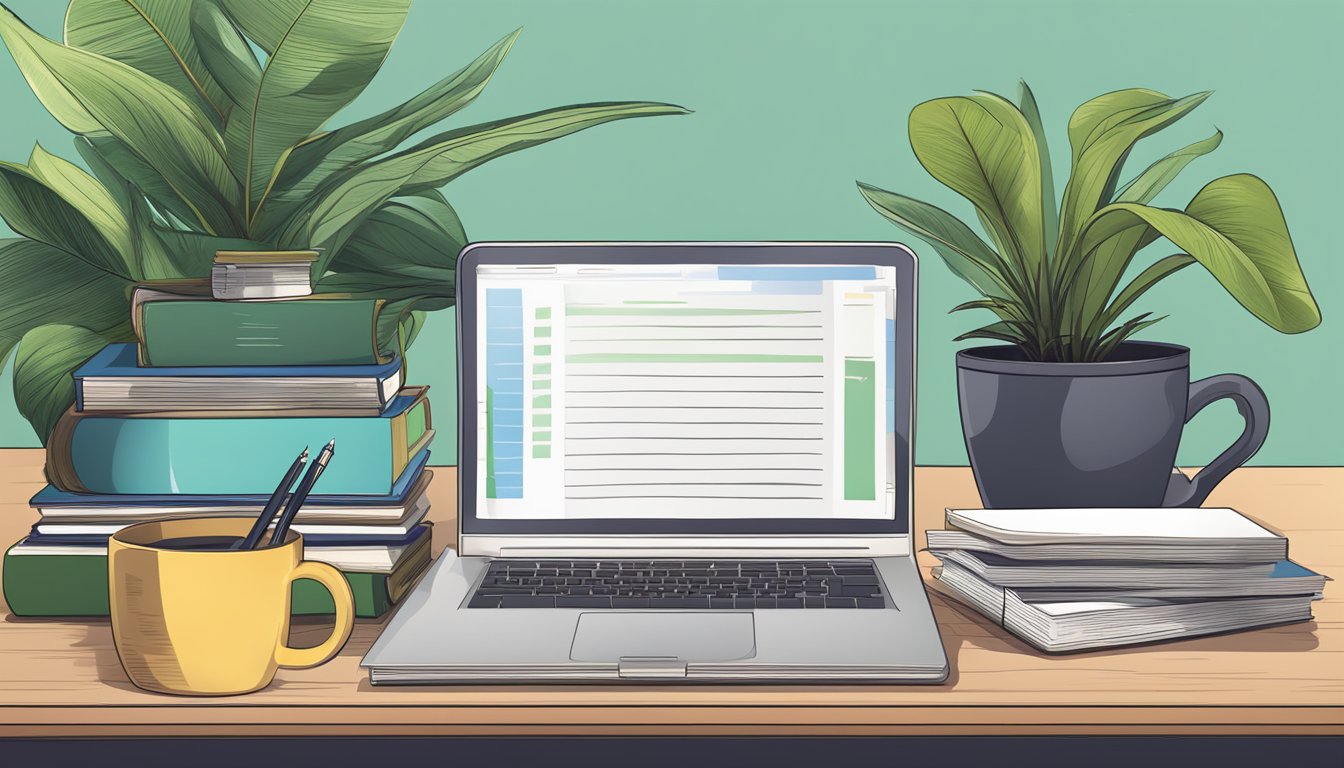 A cluttered study table with a laptop, notebook, and pen. A stack of books, a mug, and a potted plant sit nearby