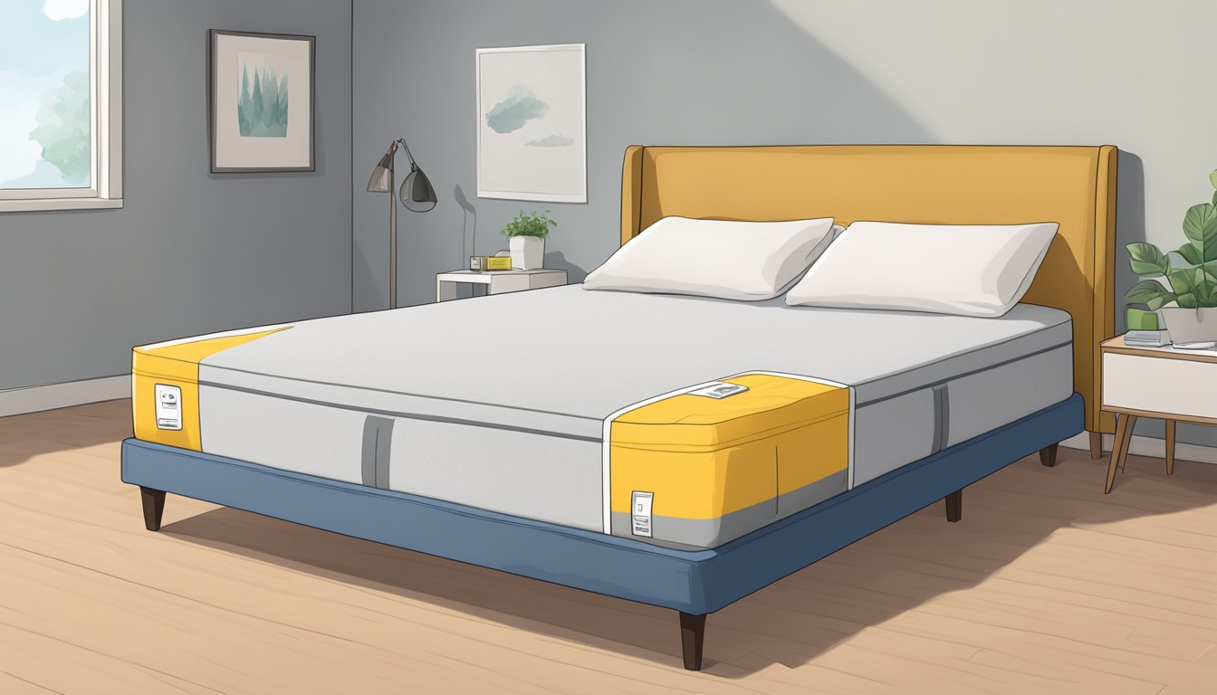 A king-size mattress stands against a wall, its dimensions prominently displayed. A tape measure lies nearby for reference