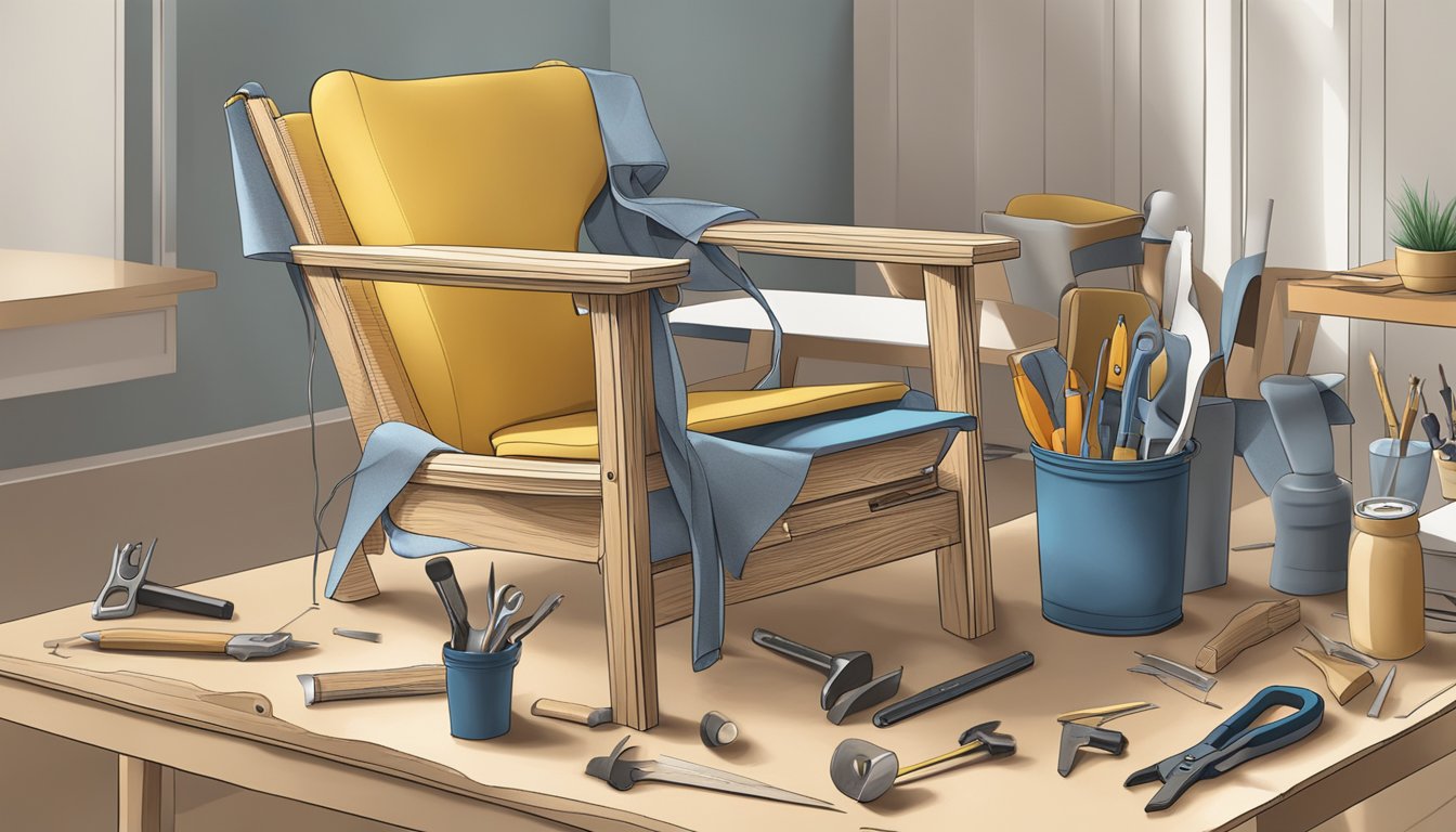 A chair being assembled with tools and materials scattered around