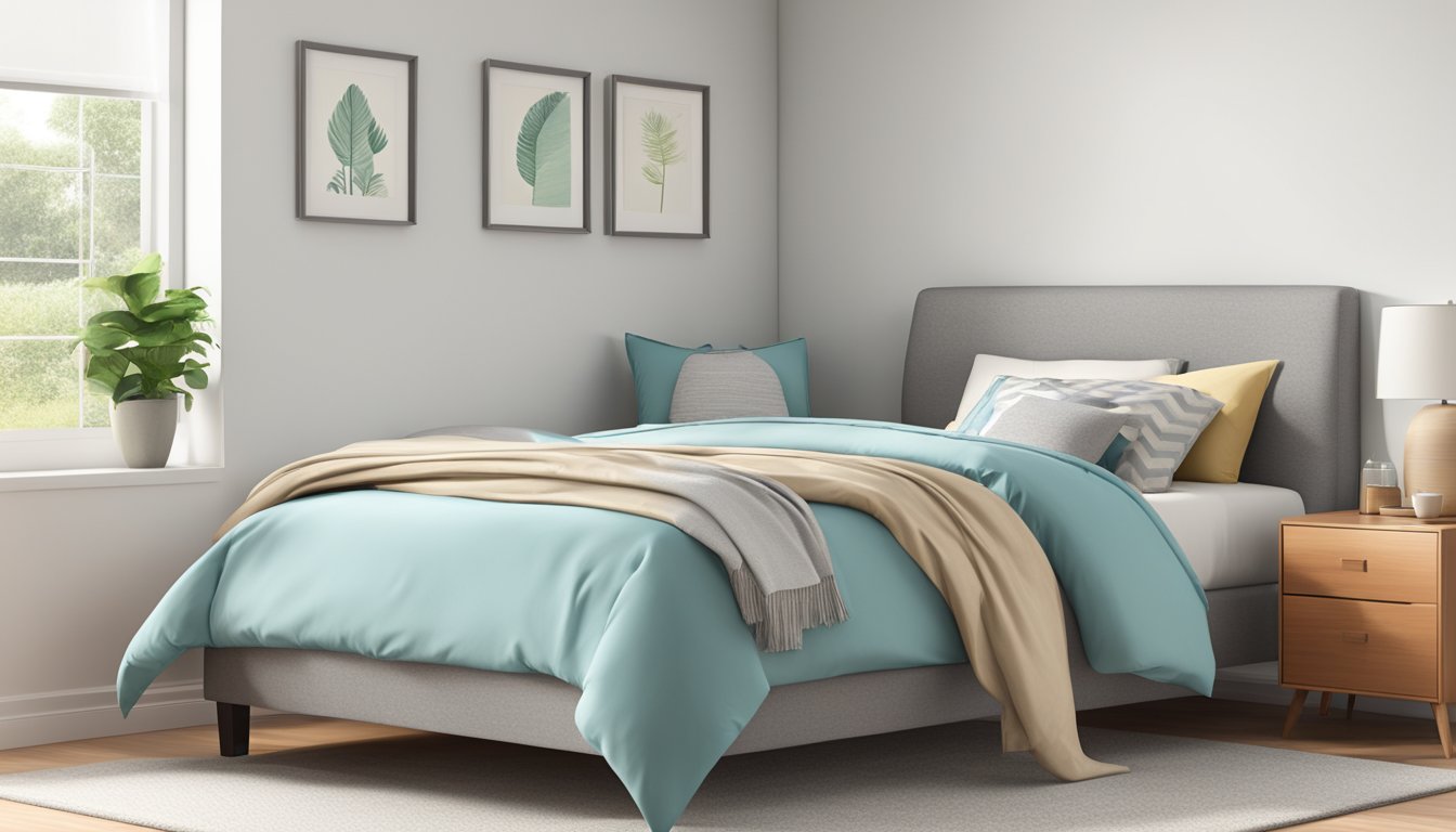 A standard twin size bed frame, 39 inches wide and 75 inches long, sits against a plain white wall in a simple, uncluttered room