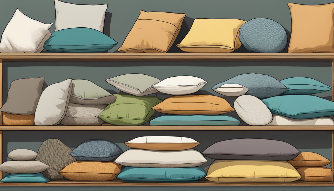 A variety of pillows in different sizes (in cm) arranged neatly on a bed or displayed on a shelf