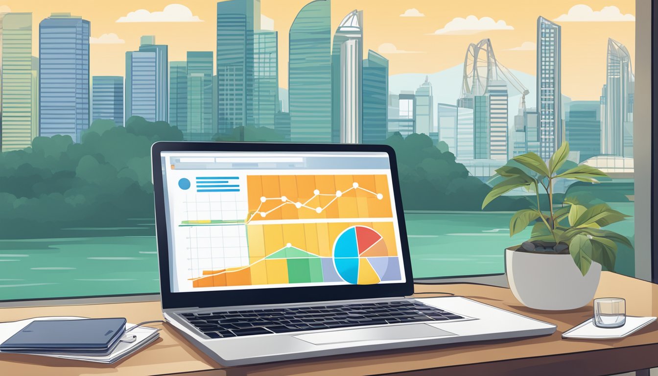 A laptop displaying various online income sources, with a chart showing passive income growth, and a Singapore skyline in the background