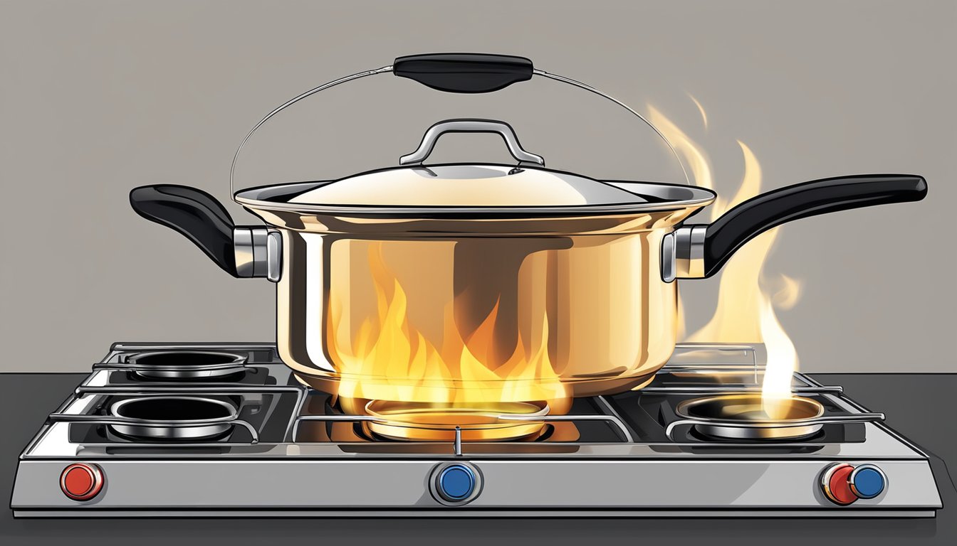 A pot boils on an induction cooktop while a flame burns on a gas stove