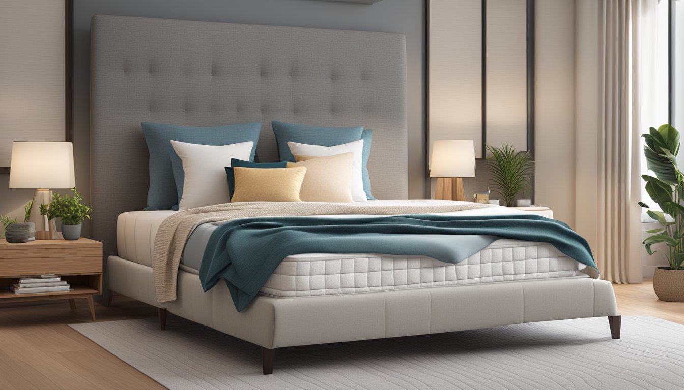 A serene bedroom with a plush latex mattress topper, surrounded by soft pillows and a cozy blanket. The topper is shown to provide comfort and support for a restful night's sleep