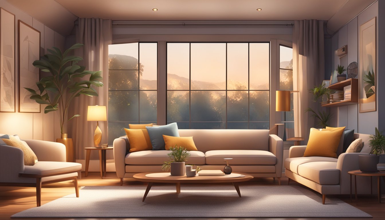 A cozy living room with stylish furniture and warm lighting, showcasing a well-organized space with decorative accents and a comfortable ambiance