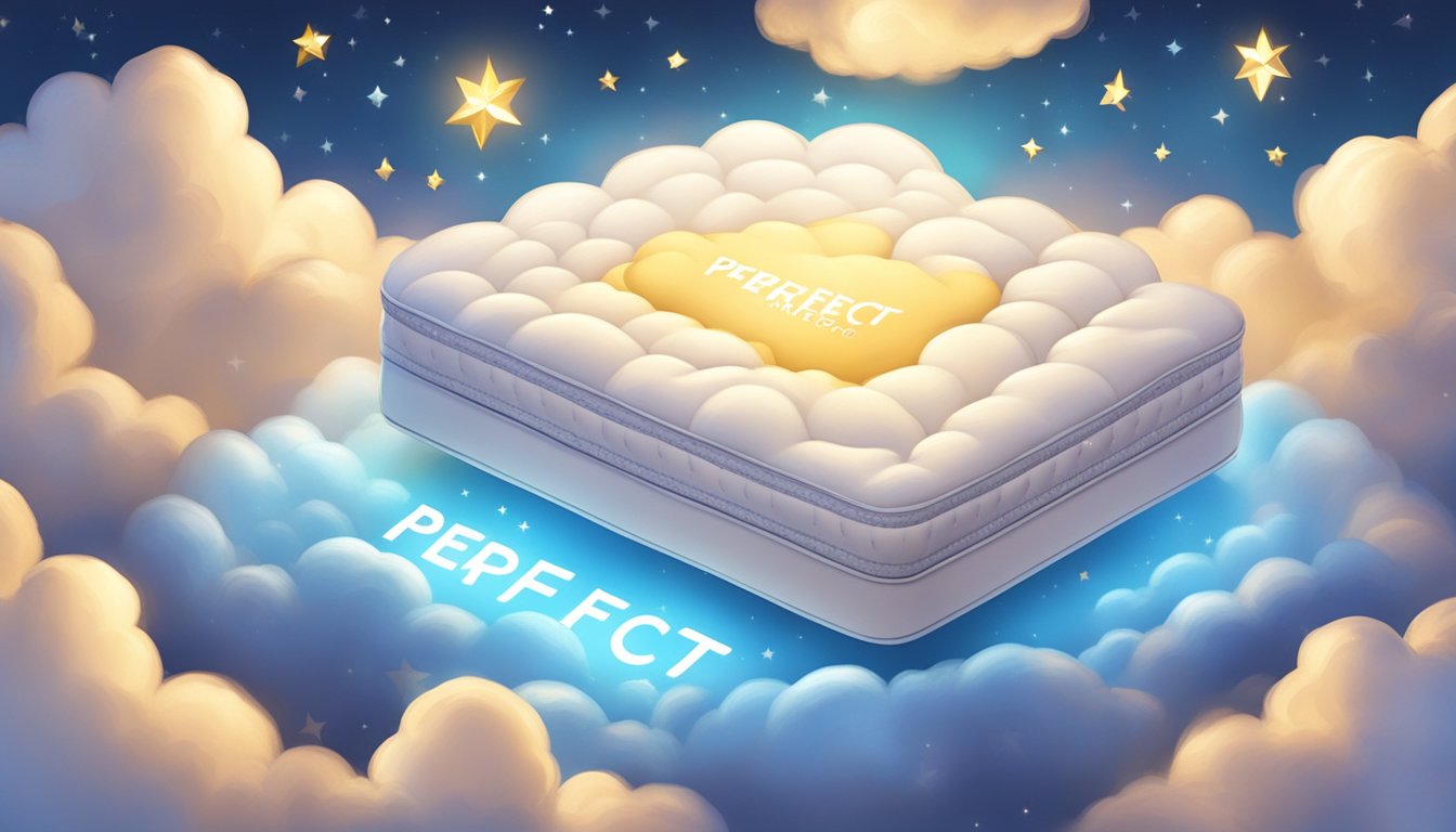 A mattress floating on a cloud with a golden glow, surrounded by stars and a shining "Perfect Mattress for You" sign