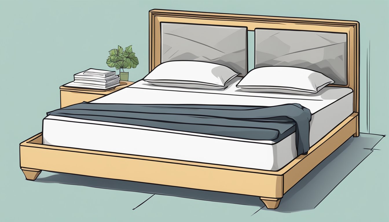 A queen size ottoman bed frame surrounded by question marks, with a stack of FAQ sheets nearby