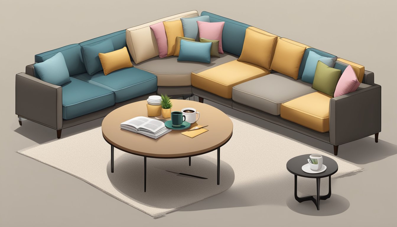 A sectional sofa with a round coffee table surrounded by frequently asked questions materials