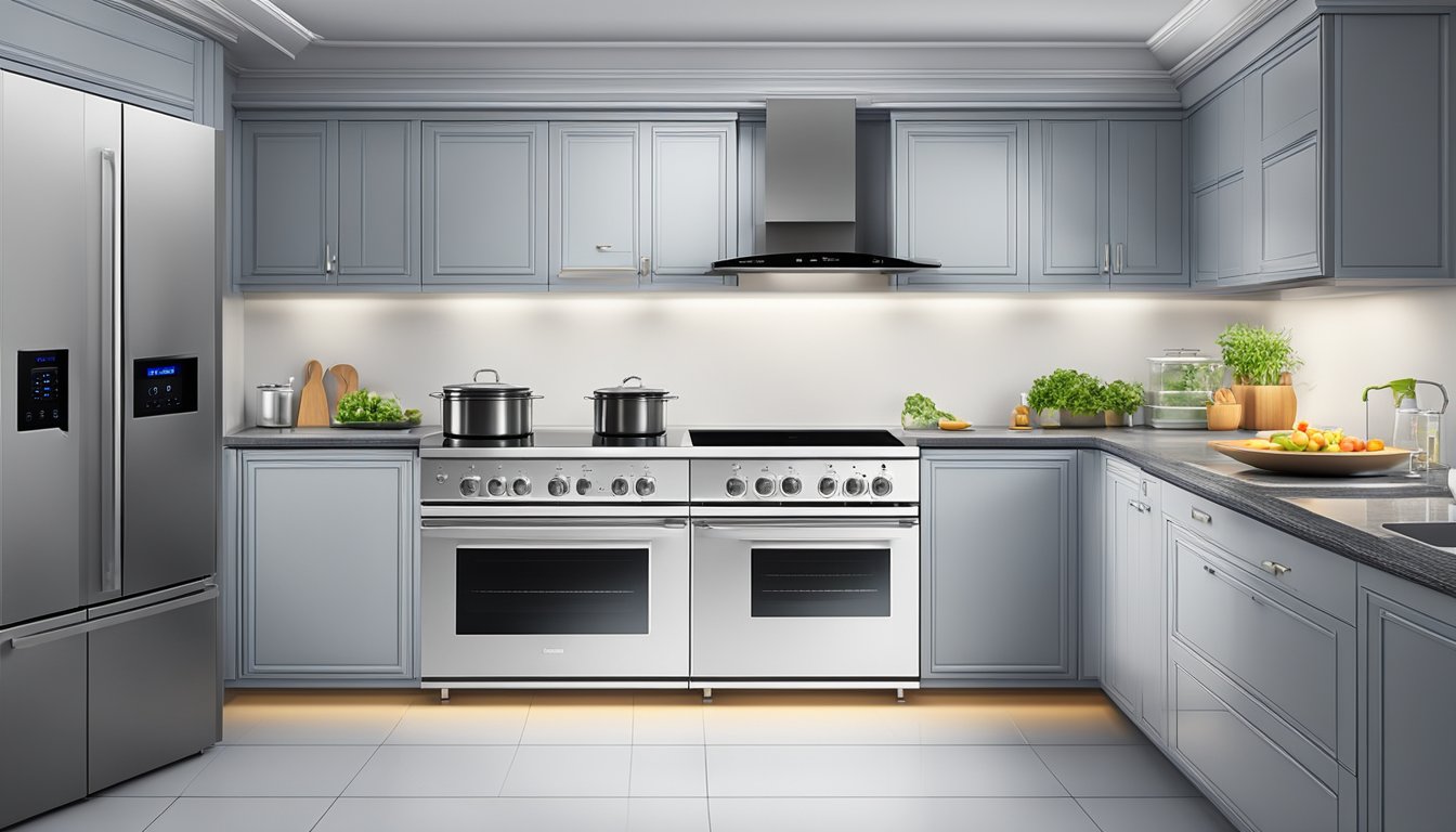 A modern kitchen with two cookers side by side, one electric and the other induction. The electric cooker has visible heating coils, while the induction cooker has a smooth, glass surface