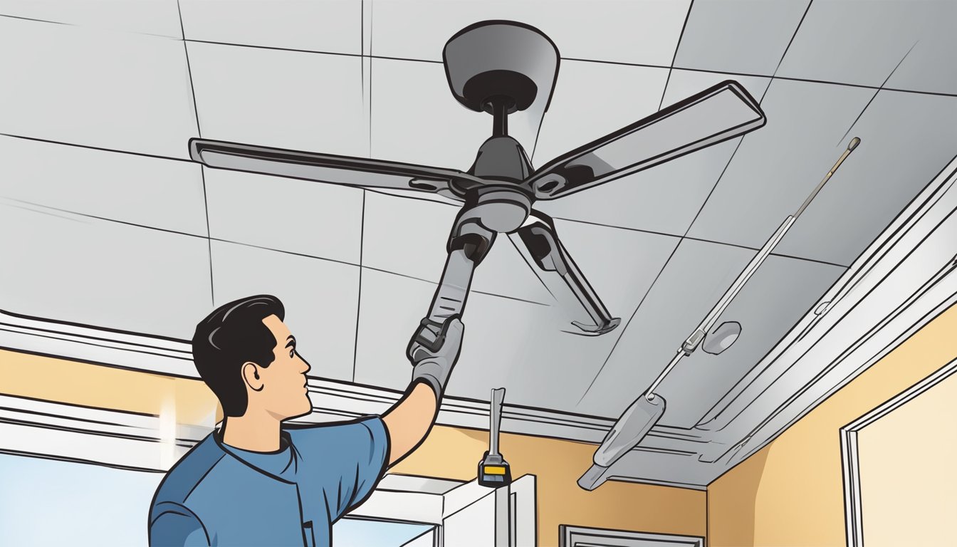 A person holds a ceiling fan near a drop ceiling grid. They have a screwdriver and wire cutters ready. A ladder is nearby