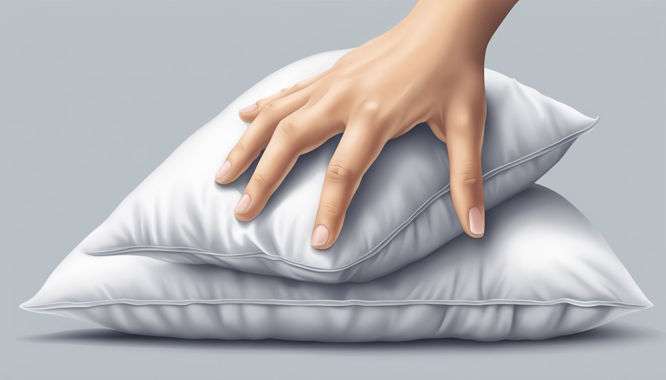 A hand reaches for a pillow, measuring its size in centimeters for comfort and support