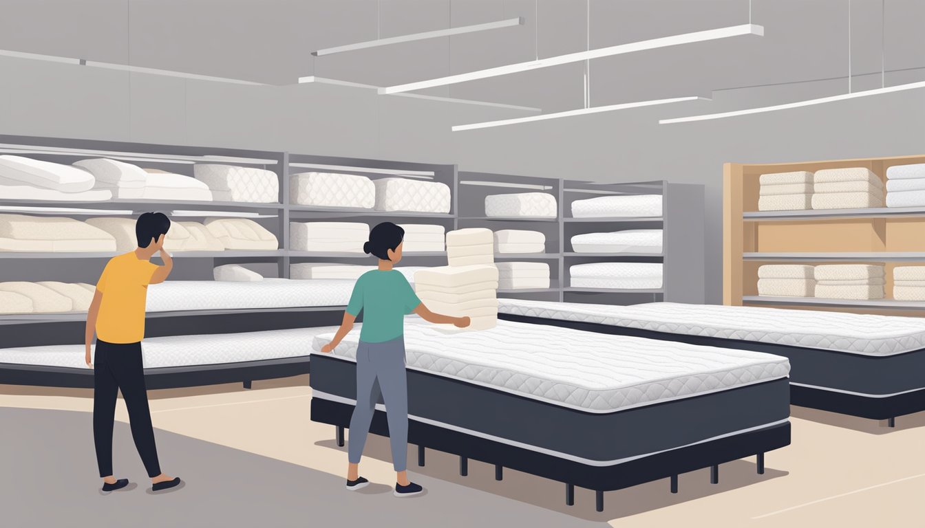 A person comparing different latex mattress toppers in a Singapore store
