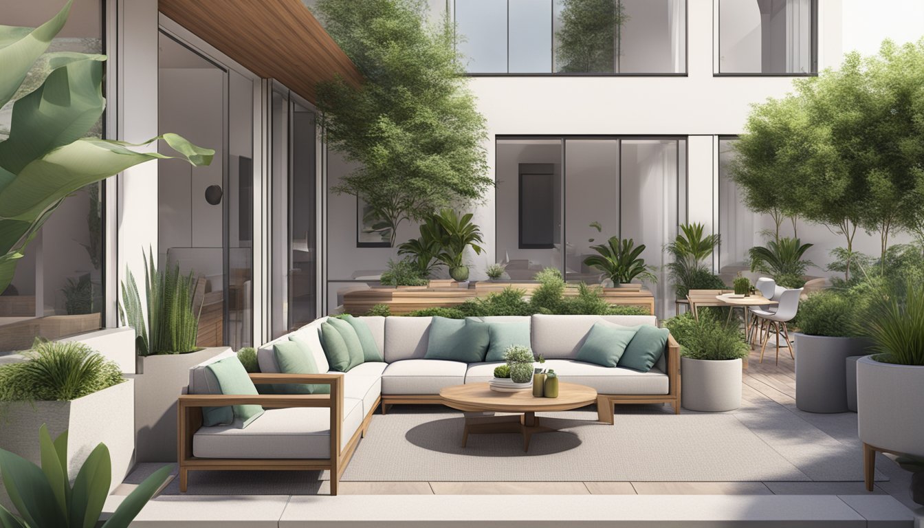 A cozy outdoor space with sleek, affordable furniture and lush greenery. The furniture is strategically placed to maximize the area's potential