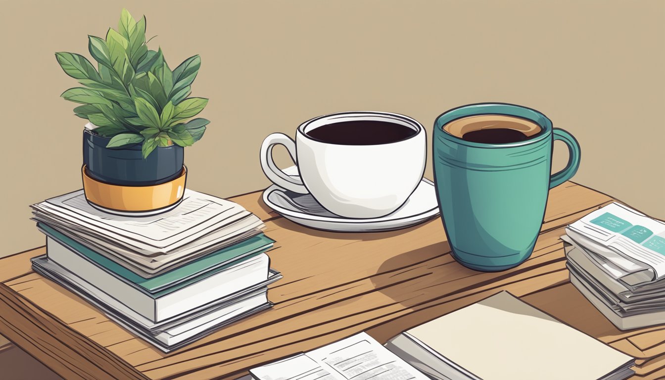 A wooden coffee table with a stack of FAQ brochures, a cup of coffee, and a potted plant
