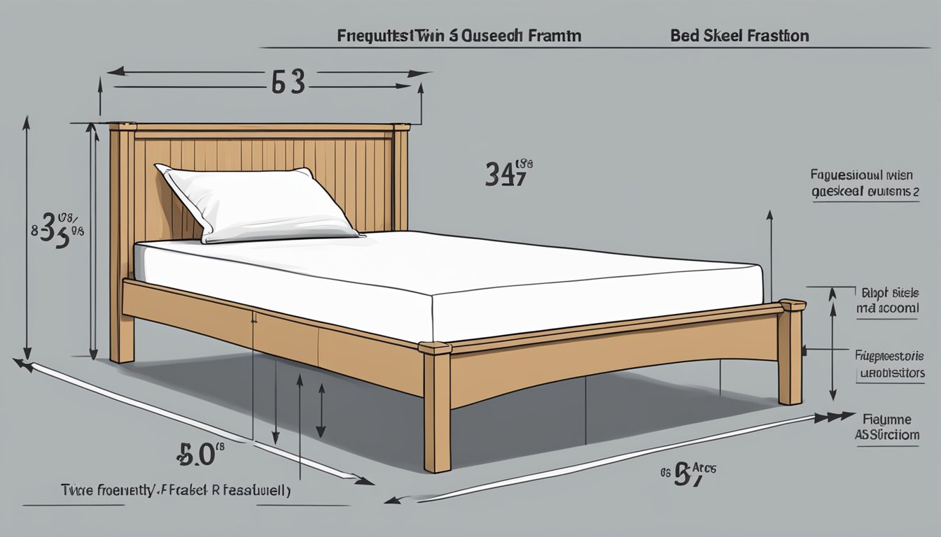 A standard twin size bed frame with dimensions labeled "Frequently Asked Questions" displayed prominently