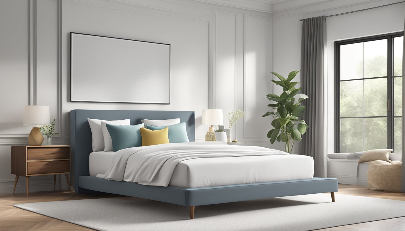 A king size mattress, measuring 76 inches wide and 80 inches long, sits in a spacious bedroom with clean, white linens and a modern, minimalist design