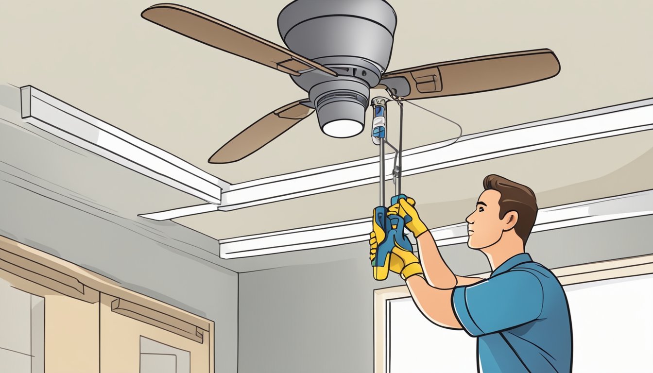 A person installs a ceiling fan in a drop ceiling using a ladder and tools. The fan is carefully mounted and wired, then tested for proper function