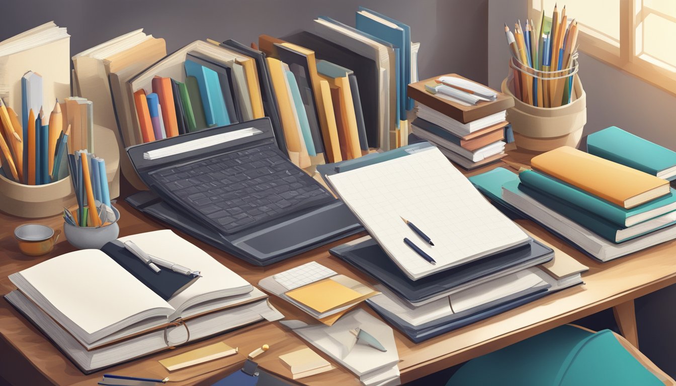 A cluttered study table with open storage compartments and scattered books and stationery items