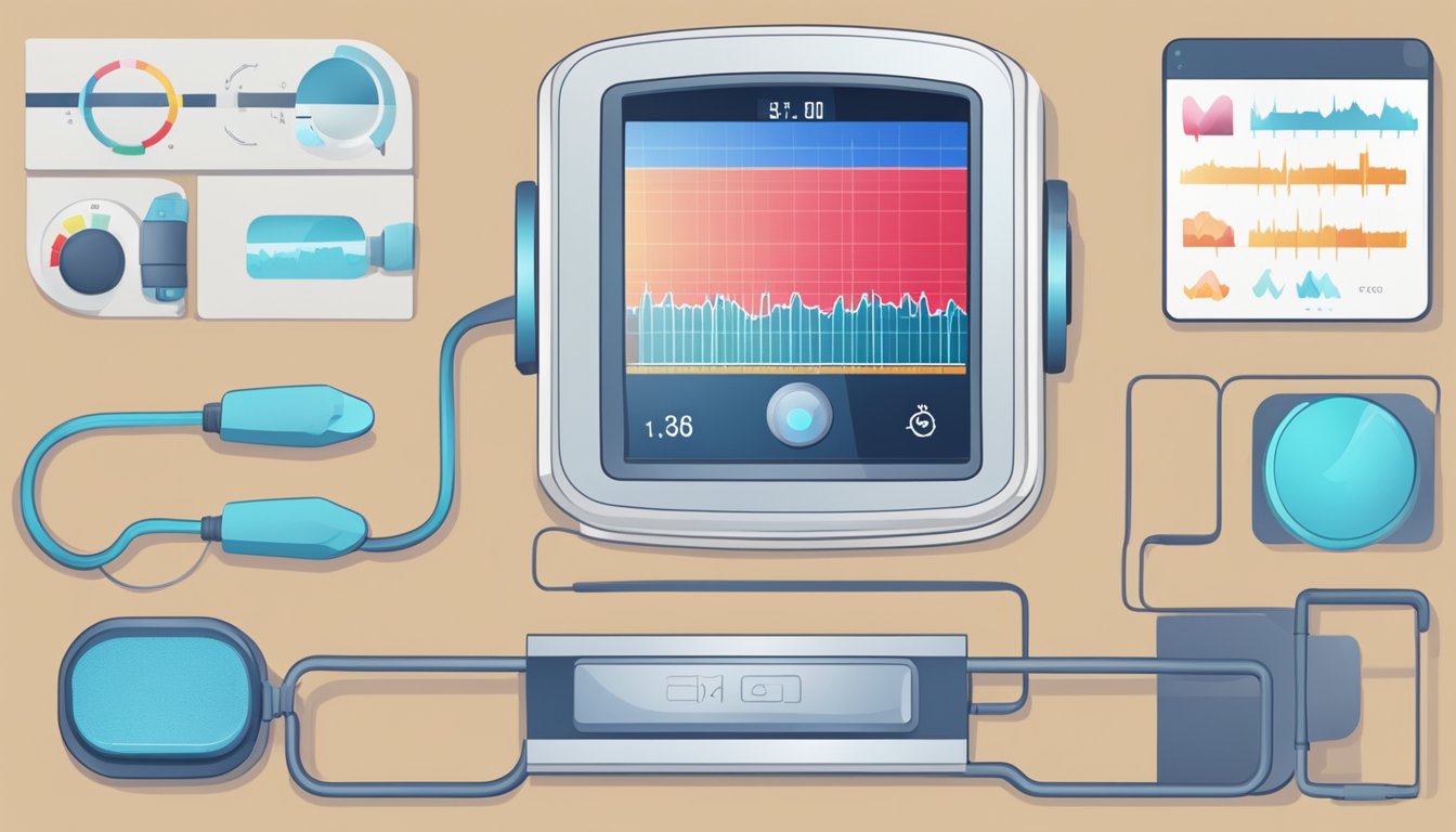 A calm, serene setting with a digital heart rate monitor displaying a stable and healthy resting heart rate