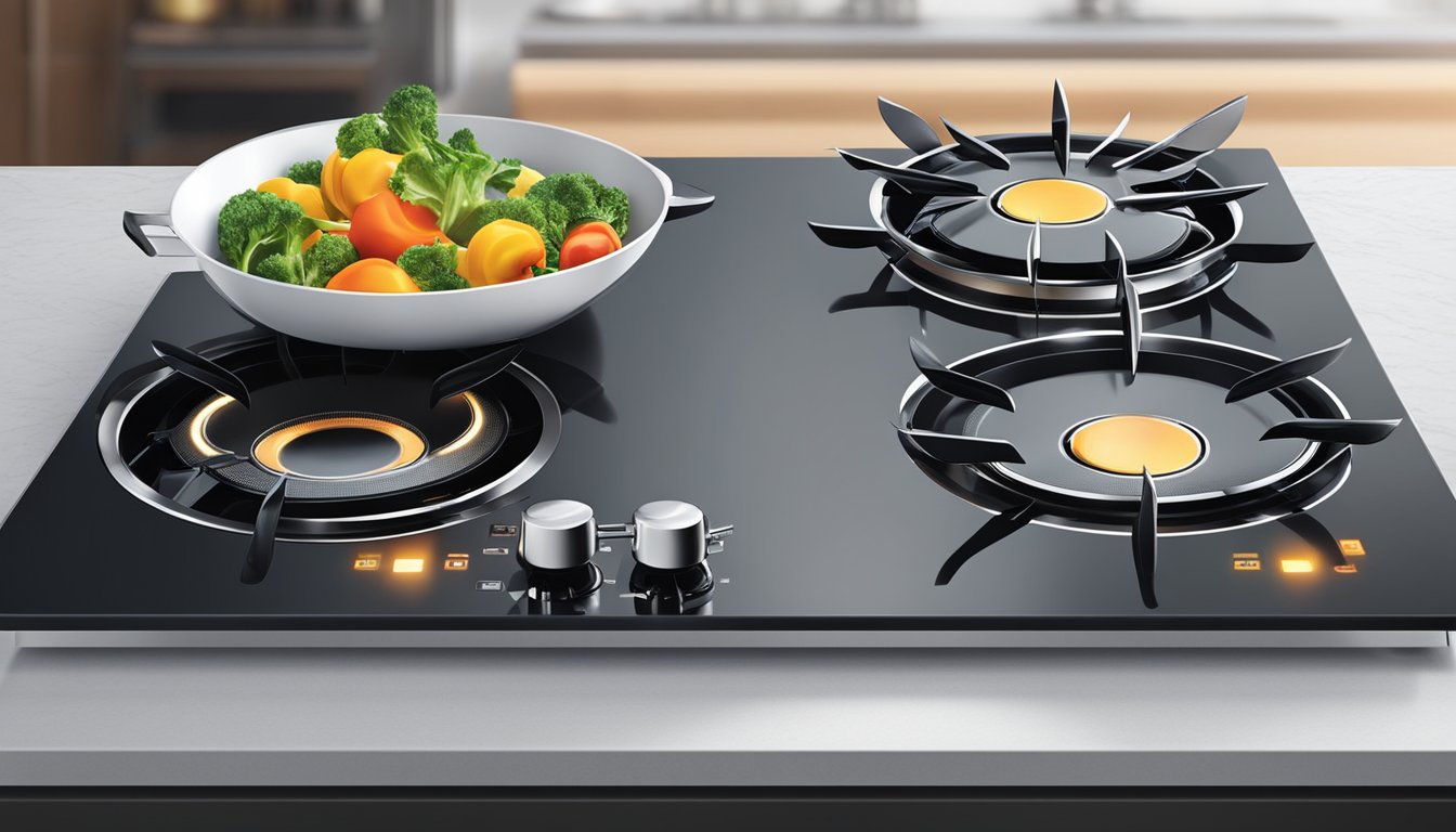 A glowing induction cooktop outperforms a gas stove, showcasing its efficiency and modern technology