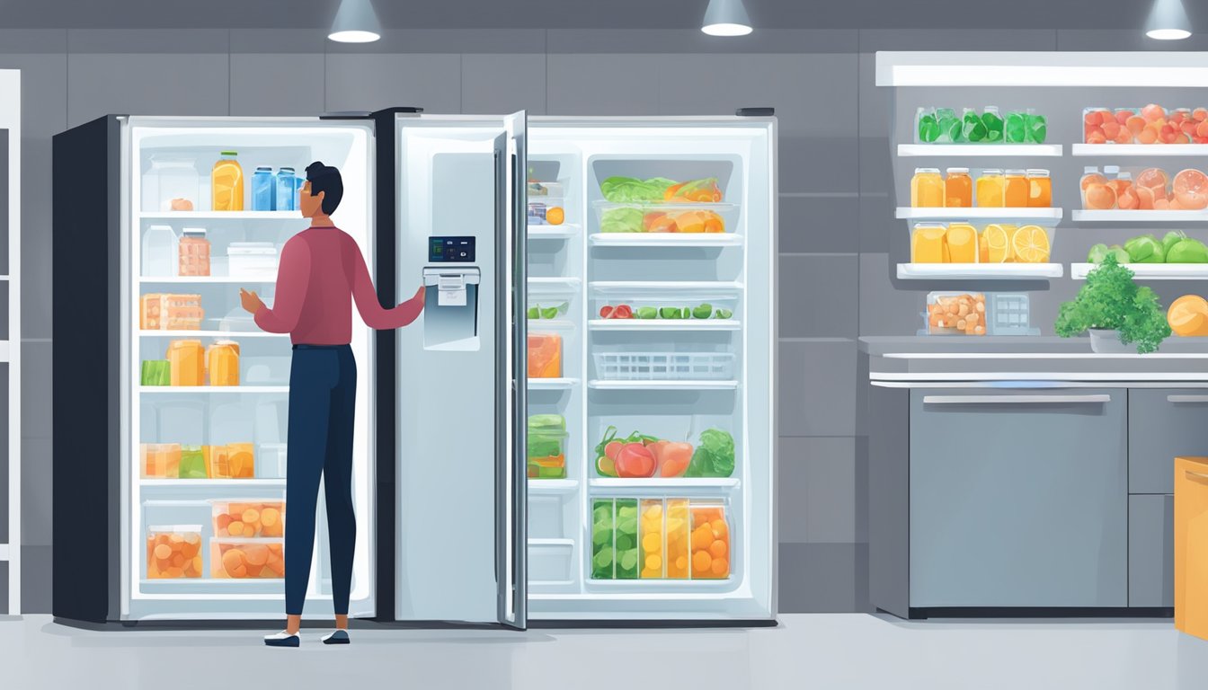 A person comparing fridge features in a store, considering energy efficiency and storage capacity