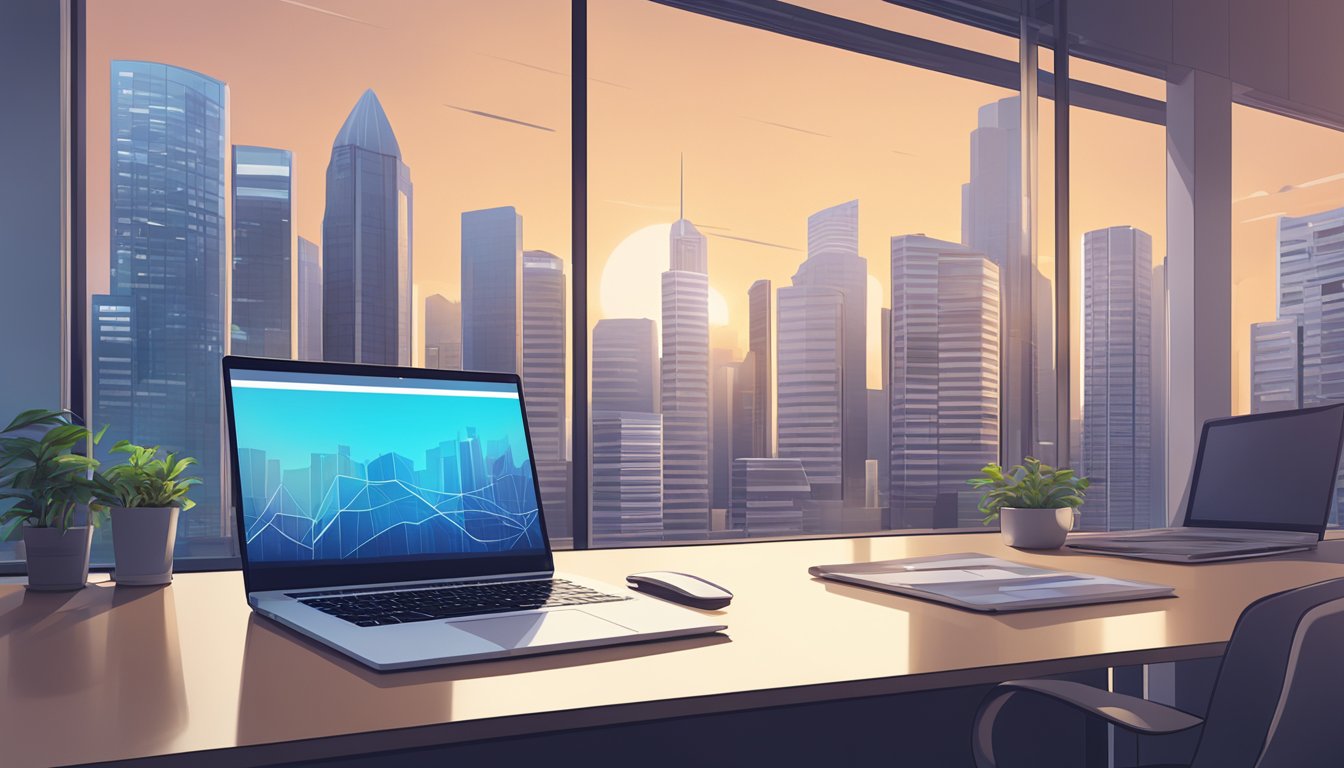 A web developer's laptop sits on a sleek desk, surrounded by branding and networking materials. A passive income chart hangs on the wall. Singapore cityscape visible through the window