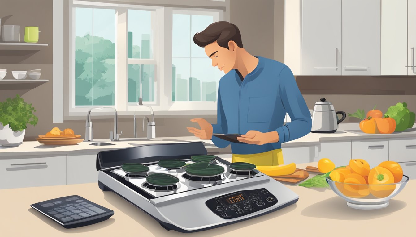 A person comparing energy usage and cost between an electric and induction cooker with a chart and calculator on a kitchen counter