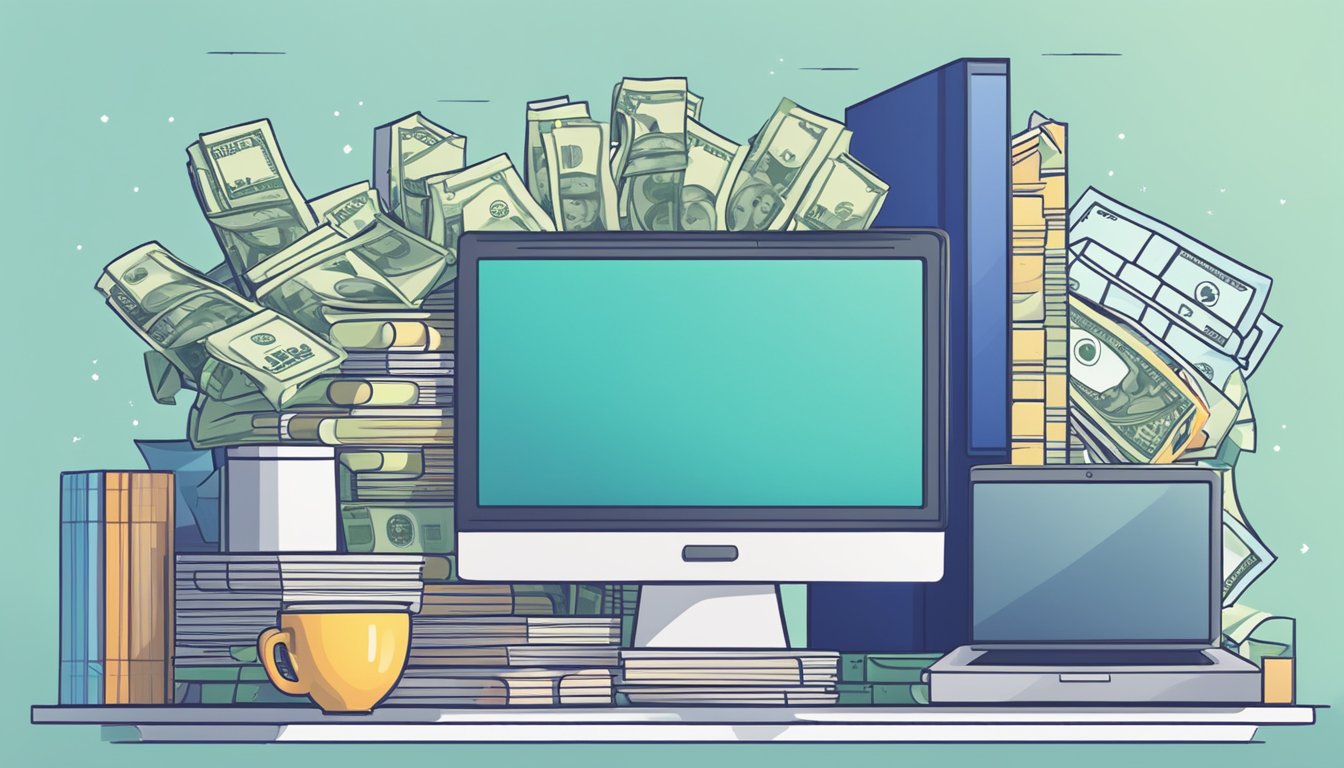 A web developer in Singapore efficiently utilizes resources and skills to generate passive income. The scene showcases a computer, coding books, and a stack of money