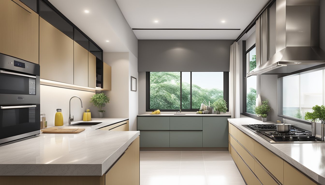 A modern HDB kitchen with sleek countertops, stainless steel appliances, and a large window letting in natural light