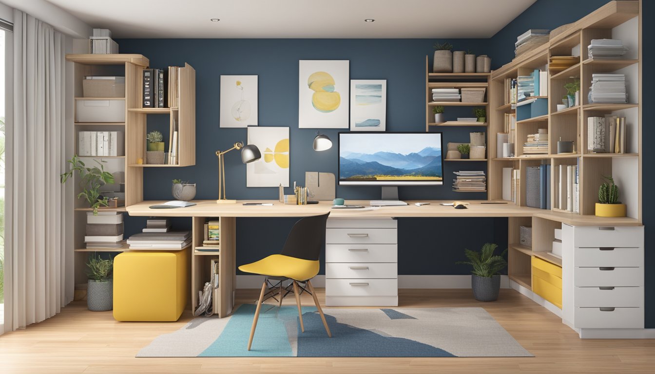 A study table with built-in storage compartments, shelves, and drawers. The table is organized and clutter-free, showcasing smart solutions for maximizing storage space
