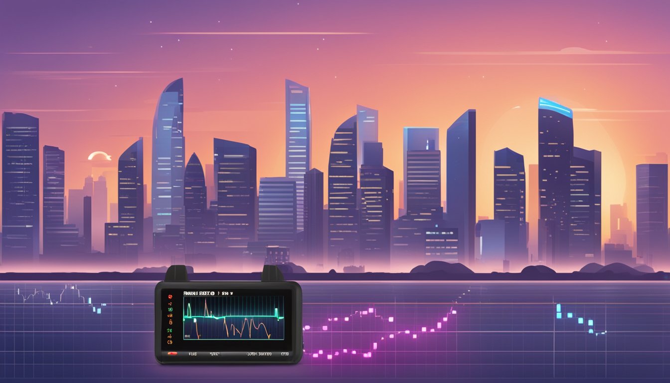 A heart rate monitor displays a resting heart rate in Singapore, with a backdrop of the city skyline at dusk