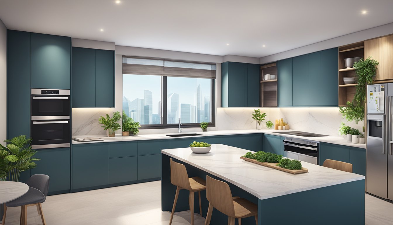 A modern kitchen with a sleek stainless steel oven in Singapore. Bright lighting and clean countertops complete the scene