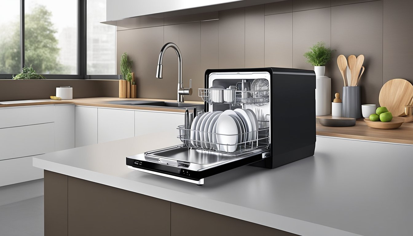 A portable dishwasher sits on a kitchen countertop, its sleek design and compact size making it convenient for small spaces. The machine is running, with water spraying inside and steam rising from the top