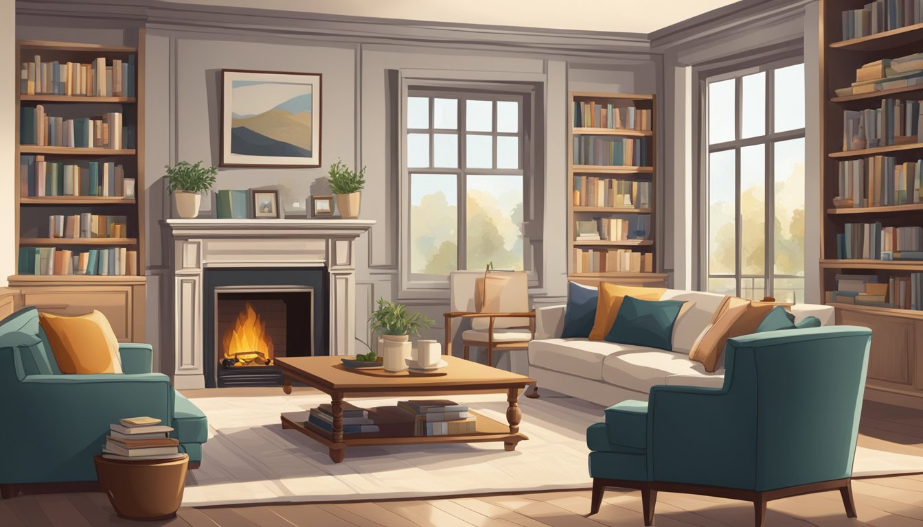 A cozy living room with a plush sofa, coffee table, and armchair arranged around a fireplace. Bookshelves line the walls, and a large window lets in natural light