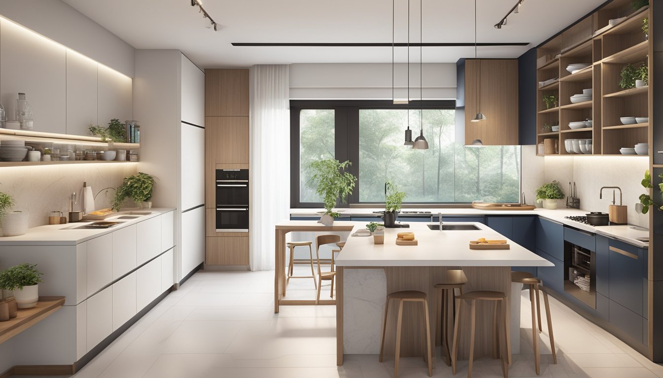 A spacious HDB kitchen with modern appliances, sleek countertops, and ample storage. Bright natural light floods the space, highlighting the clean lines and minimalist design