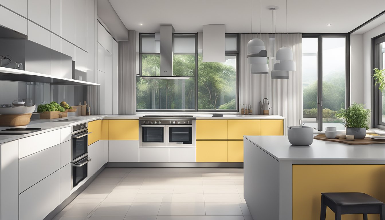 A modern kitchen in Singapore with a sleek, stainless steel oven set against a backdrop of clean, minimalist design and natural light filtering in through large windows