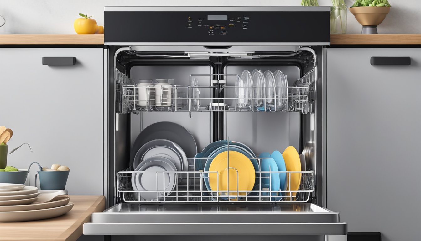 A portable dishwasher sits on a countertop, with a clear view of its control panel and interior racks. The door is open, revealing the spacious interior and adjustable shelves